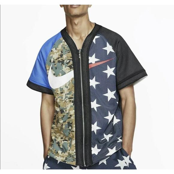 Nike Jacket Mens Medium Reversible Short Sleeve Zip Mesh Stars Camo Black Blue - Picture 1 of 15